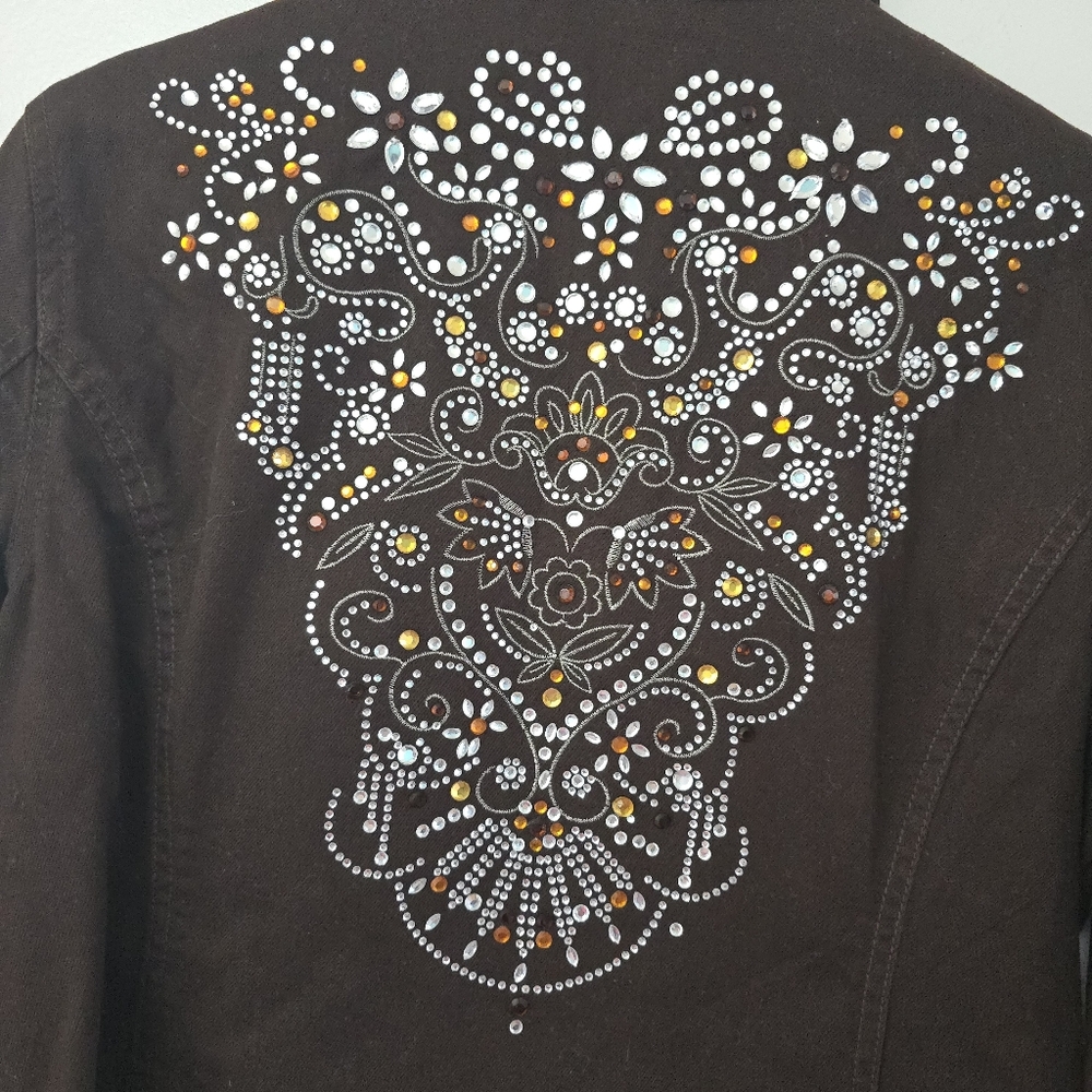 CHICOS PLATINUM Denim Jacket Brown Rhinestones Bedazzled Country Rock Sz  L - Picture 6 of 10